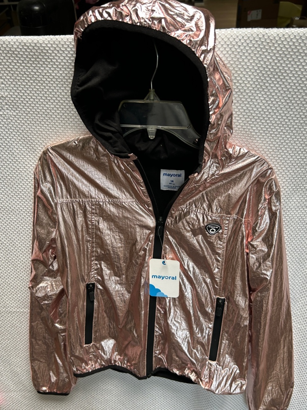 Very Cool Mayoral Metallic Rose Hooded Raincoat with Black Trim. NWT